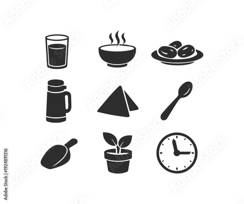 Ramadan Iftar Mealtime Essentials Black Flat Icon Collection