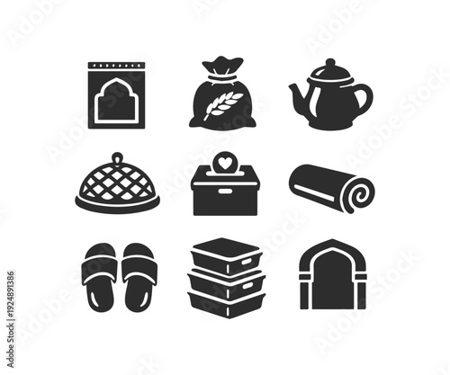 Black Glyph Icons Set for Islamic Culture Ramadan and Religious Life