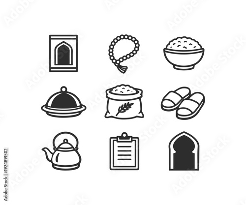 Minimalist Black Icons For Ramadan And Islamic Cultural Practices
