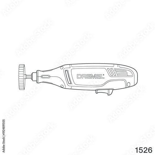 Rotary tool line art vector, electric handheld multi-tool with grinding wheel, industrial power tool outline for DIY and craft projects