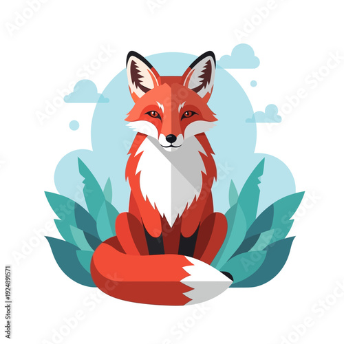 Cute cartoon fox sitting in lush green foliage, flat design illustration