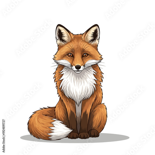 Cute Red Fox Sitting Portrait, Wildlife Animal Illustration