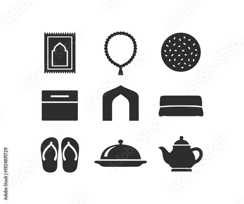 Set of Muslim Prayer and Cultural Life Solid Icons on White Background