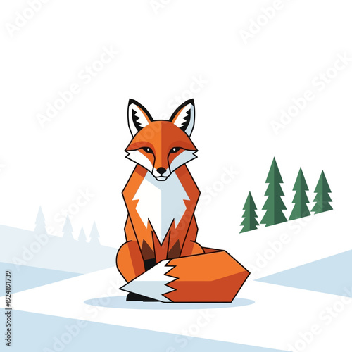 Geometric Fox Sitting in Snowy Winter Landscape with Pine Trees