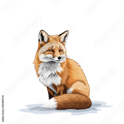 Red Fox Sitting Gracefully on Snowy Ground, Realistic Illustration