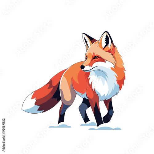 Stylized Red Fox Standing in Snow, Winter Wildlife Illustration