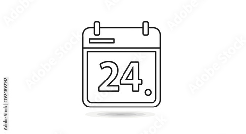 Calendar Icon with Number 24, Simple Line Art, Isolated on White Background