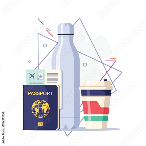 An illustration of essential items for sustainable and organized travel, featuring a passport, plane tickets, a reusable water bottle, and a coffee cup, perfect for modern explorers on their journey