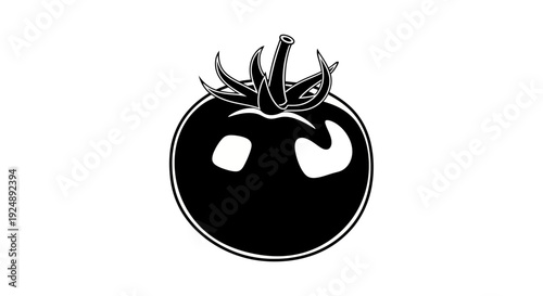 Black and White Silhouette of a Fresh Tomato with Stem and Leaves
