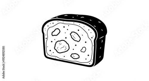Black and White Slice of Bread Loaf with Crumbs, Isolated on White Background
