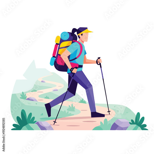 Active hiker with backpack and poles trekking on a mountain trail in a scenic landscape, enjoying outdoor adventure and healthy lifestyle