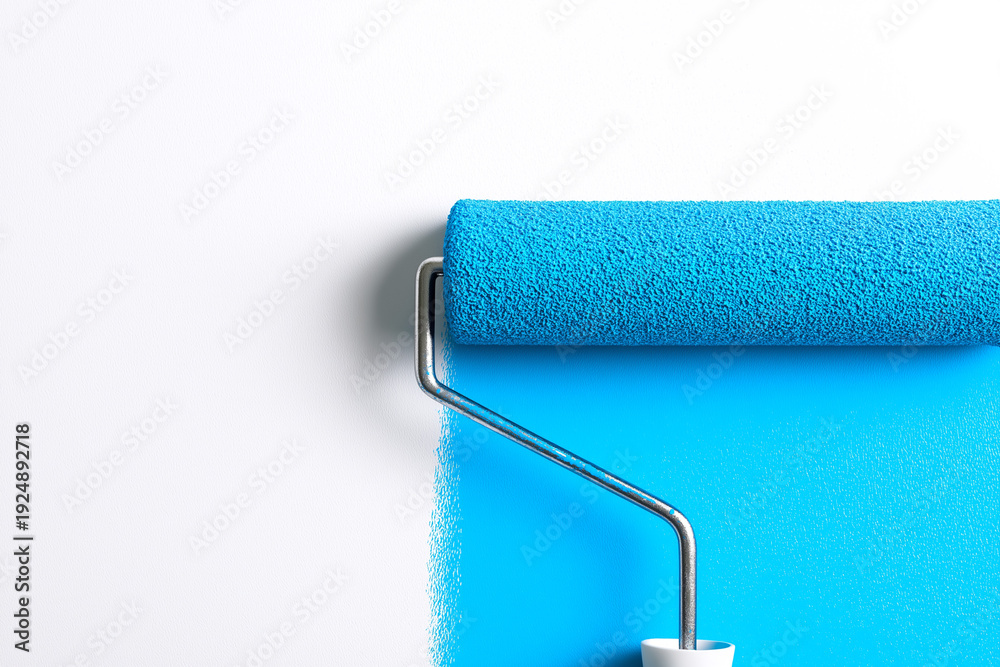 Obraz premium Blue paint roller applying a fresh coat of bright blue paint on a clean white wall surface