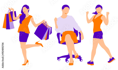 A minimalist flat vector illustration of a modern woman in three different lifestyle roles: a happy shopper with bags, a professional sitting in an office chair, and an energetic fitness enthusiast.