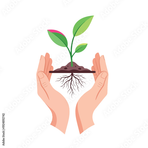 Two caring hands gently cradle a vibrant young plant with exposed roots and soil, symbolizing growth, new beginnings, and environmental protection