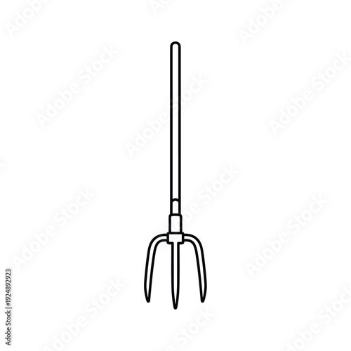 Minimalist pitchfork icon vector, garden fork line art illustration, agricultural hand tool for farming and gardening, simple black outline pitchfork