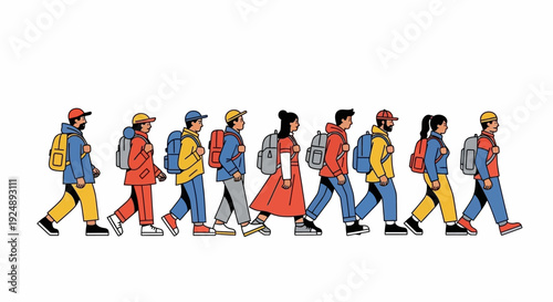 A diverse group of people with backpacks walking in a line, suggesting a journey or expedition.
