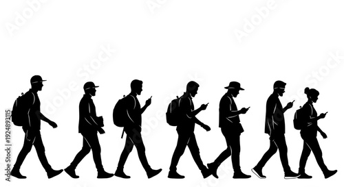 Silhouettes of people walking in a line, each engrossed in their mobile phones.