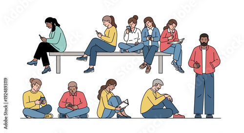 A diverse group of people of various ages and ethnicities are shown interacting with their mobile devices while sitting and standing in a casual setting.