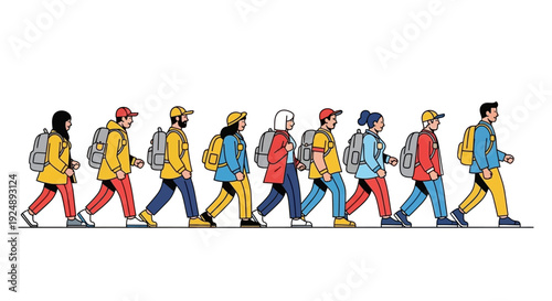 A diverse group of people with backpacks walking in a line, suggesting a journey or expedition.