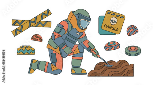 Bomb Disposal Expert with Landmines & Danger Sign. Kneeling, Digging in Protective Suit for Hazardous Mine Clearance. Flat Outline Vector Illustration, Muted Colors, Isolated Graphic
