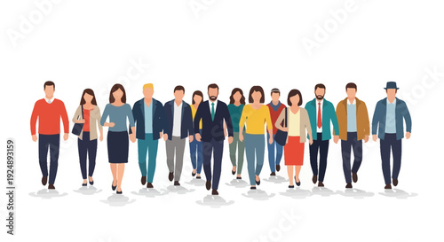 A diverse group of men and women in business casual attire walking forward together.