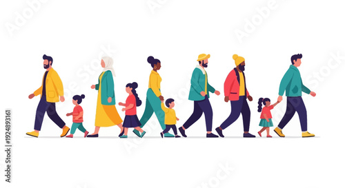 A diverse group of people of various ages, ethnicities, and genders walking together in a line, representing community and unity.