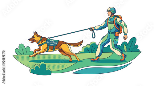 Military K9 Team: Soldier and Mine Detection Dog Walking, Searching Ground for Demining Security. Vibrant Flat Line Art Vector Illustration with Green and Blue Hues, Isolated.