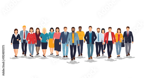 A diverse group of business professionals walking forward together in a unified manner.