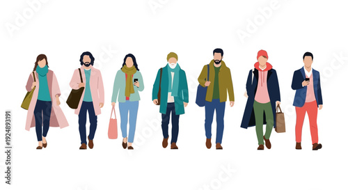 A diverse group of people in fashionable winter clothing walking together.