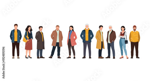 A diverse group of men and women of various ages and ethnicities standing in a line, dressed in casual autumn clothing.
