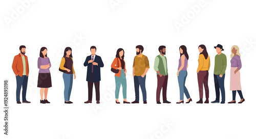 A diverse group of men and women standing in a line, showcasing various styles and ethnicities.