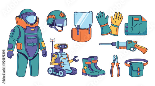 Bomb Disposal Hazmat Gear Set, Robot, Suit, Helmet, Tools for Safety, Modern Flat Line Vector Graphic