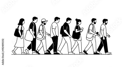 A minimalist black and white illustration depicts a diverse group of people walking in a single file line.