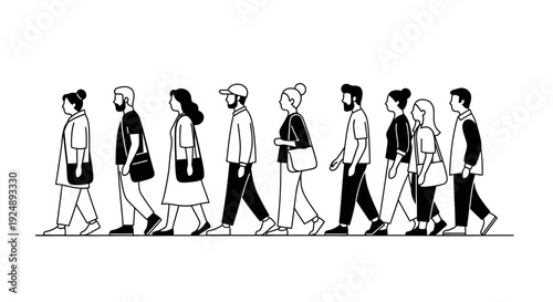 A diverse group of people of various ages and genders walking in a single file line against a white background.