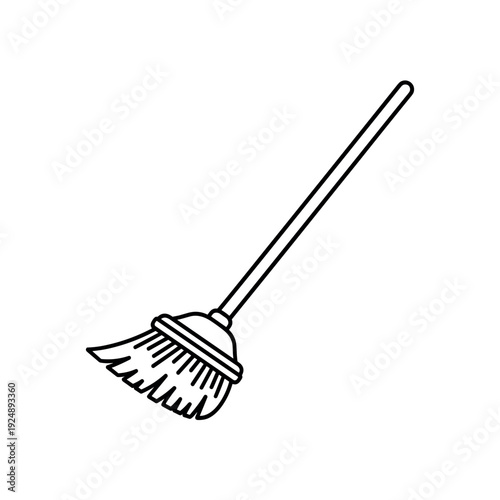 Minimalist broom vector icon, simple line art cleaning tool illustration, black and white household sweeper graphic for housekeeping and janitorial services