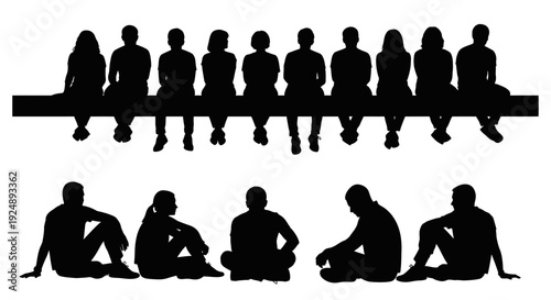 Silhouettes of a group of people sitting on a ledge and on the ground.