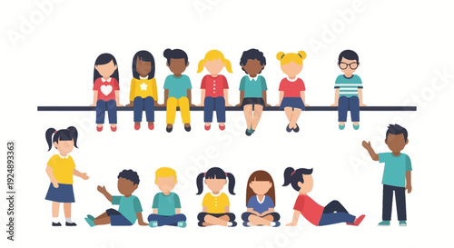 A diverse group of cartoon children of various ethnicities and genders sitting and standing together in a playful arrangement.