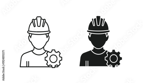 Two workers wearing hard hats with gear icons