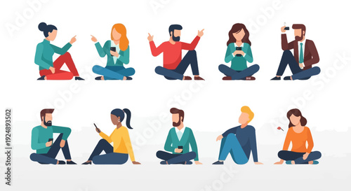 A diverse group of people are sitting cross-legged on the floor, engaged in various activities like talking, using phones, and taking photos.