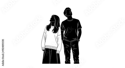 A minimalist black and white illustration of a couple standing back to back, looking upwards.
