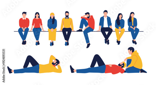 A diverse group of people depicted in a flat, illustrative style, sitting and lying down in various poses.