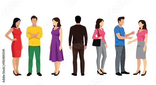 A diverse group of men and women standing in a line, showcasing various outfits and poses.