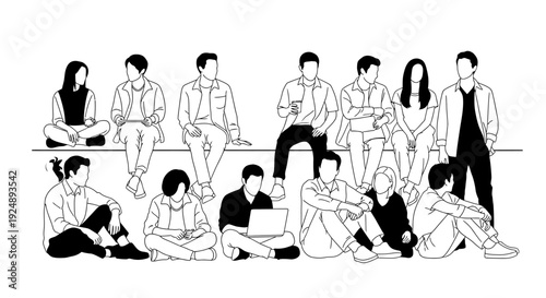 A minimalist black and white line drawing depicts a diverse group of young adults casually sitting and interacting in a relaxed setting.