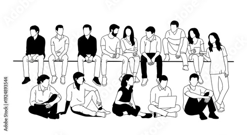 A diverse group of young adults are depicted in a line drawing, some sitting on a ledge and others on the ground, engaged in various casual activities.