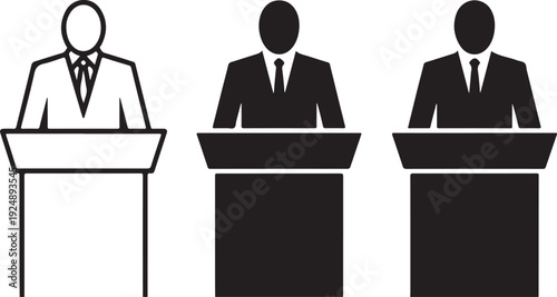 Three faceless men in suits standing at podiums