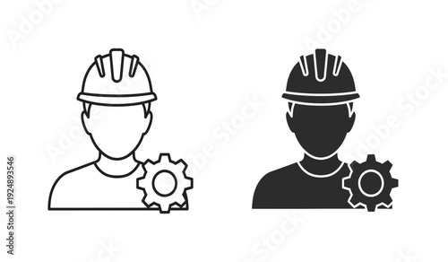 Black and white line icons of workers with gear symbols on their shoulders