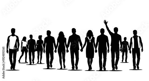 Silhouette of a diverse group of people holding hands and walking together, symbolizing unity and community.
