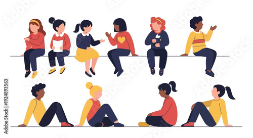 Diverse group of children sitting and interacting in a friendly, casual setting.