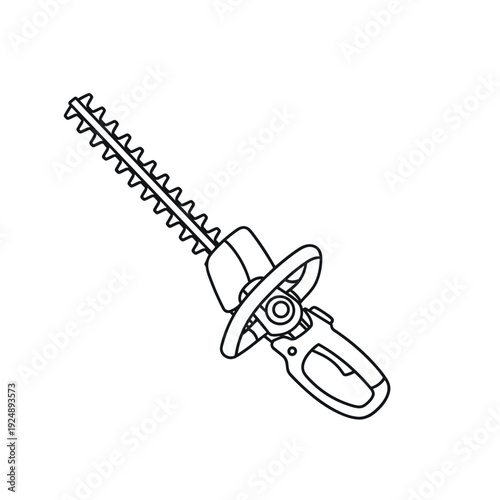 Hedge trimmer line art vector, electric garden power tool icon, professional landscaping equipment illustration for coloring book