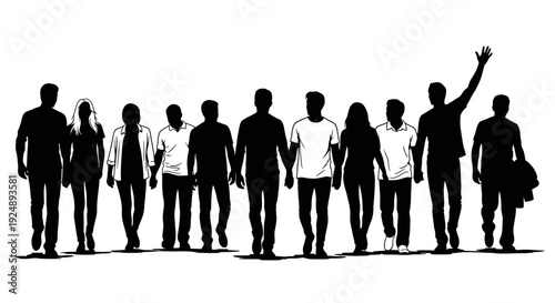 A diverse group of people standing together in a line, with one person waving enthusiastically at the end.